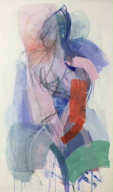 seated figure, blue, green, red 